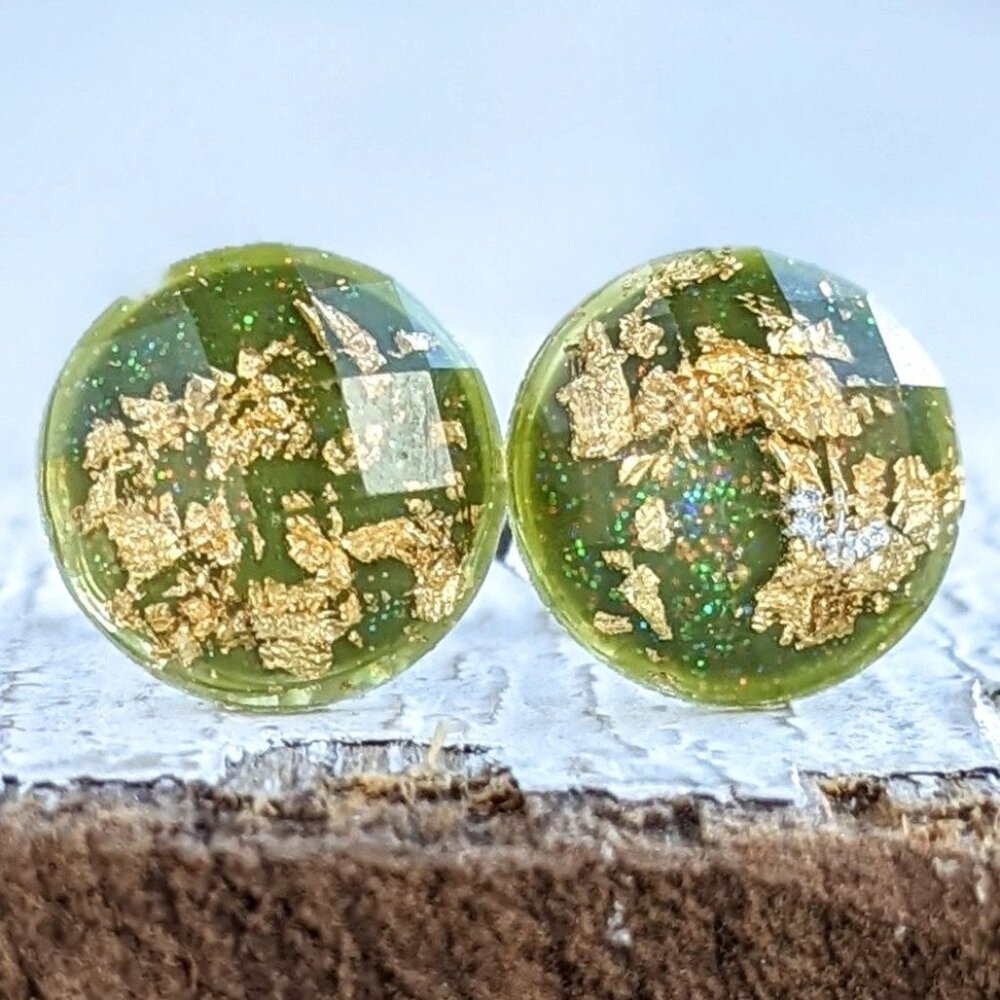 Handmade Gold Leaf Flake Resin Stud Earrings -- Olive - Picture 1 of 1